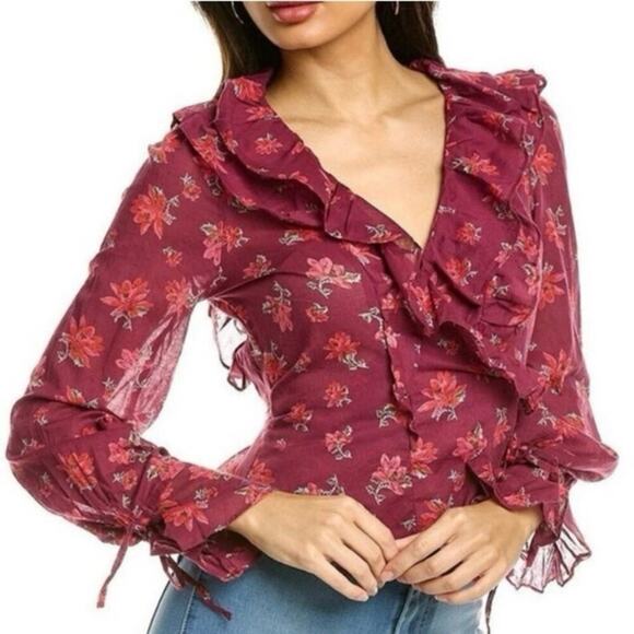 Free People Amanda Ruffle Wrap Top Sultry Combo Size Medium 100% Cotton Girly - Picture 1 of 7